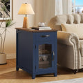 ONBRILL Rustic End Table with Charging Station, Narrow Side Table, Blue