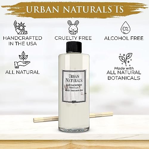Urban Naturals Reed Diffuser Oil Refill Sandalwood Vanilla with Tahitian Vanilla, Bourbon Notes 8 oz + Free Reed Sticks, Made in the USA