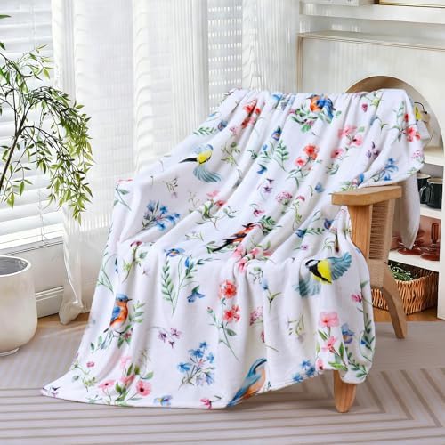 Floral Bird Blanket Ultra Soft Watercolor Flowers Throw Blankets Wildflower Flannel Fleece Throw Botanical Warm Cozy Fuzzy Plus Gifts Cabin Blanket for Bed Sofa,60" X 80"