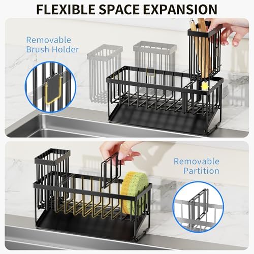 Cisily Sink Caddy Sponge Holder for Kitchen with Brush Holder and Stainless Steel Self Drain Tray, Rustproof Kitchen Sink Organizer for Sponge, Soap Dispenser Storage Accessories