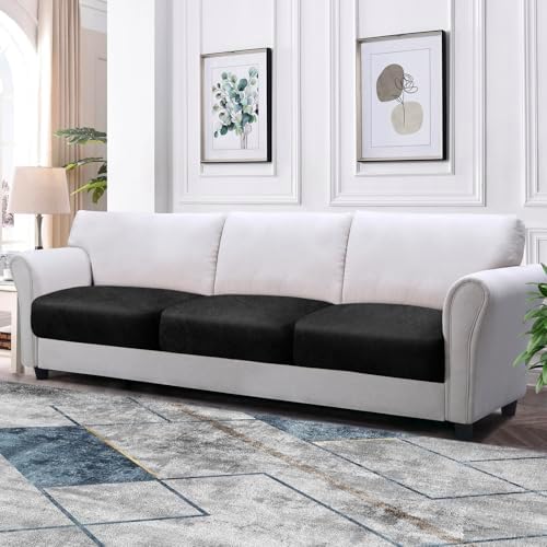 Couch Cushion Covers Leather-Look 3PC Stretch Extra Large Sofa Seat Slipcover Sets Individual Couch Seat Cushion Cover, Pet-Friendly, Non-Slip, Easy Fit - Black