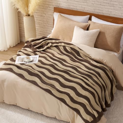 Snuggle Sac Wave Stripe Throw Blanket for Couch, Fuzzy Microfiber Blankets, Throws for Girls Daughter Gifts for Kid, Wave Beige Brown, 60x80 inches