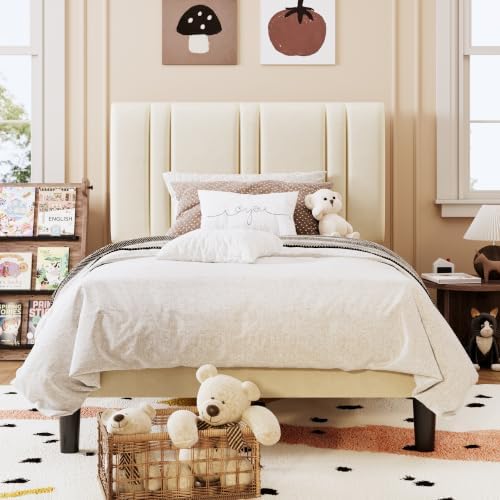 SHA CERLIN Twin Size Velvet Bed Frame with Adjustable Headboard, Cream