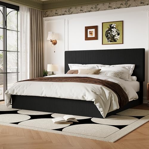 Allewie King Bed Frame, Adjustable Corduroy Headboard, Platform, Black
