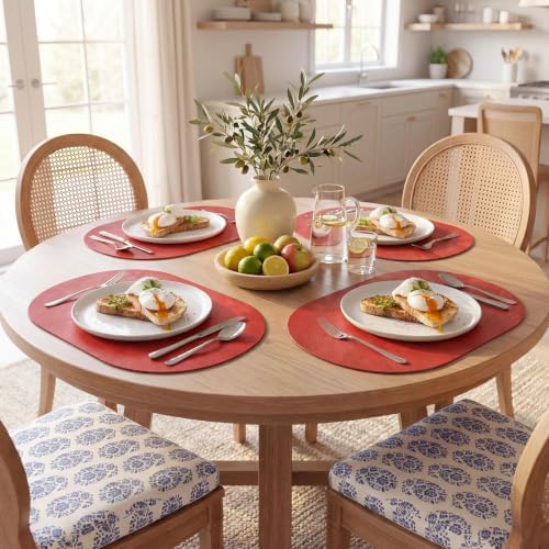 MOSAYT Vinyl Faux Leather Oval Placemats, Set of 8, Red