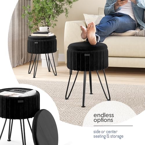 Round Ottoman with Storage, Pleated Velvet Storage Ottoman, Foot Stool Ottomans, Makeup Vanity Stool, Small Ottomans Foot Rest, Modern Vanity Stools for Living Room and Bedroom, Black