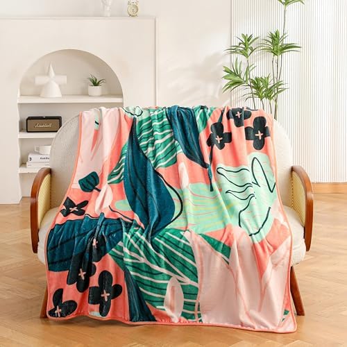 Tyrot Boho Floral Flannel Fleece Queen Blanket – Soft, Warm & Lightweight Fuzzy Blanket for Couch, Bed, or Sofa Decor, Cute Botanical Design Throw for Women & Girls, 90''x90', Coral