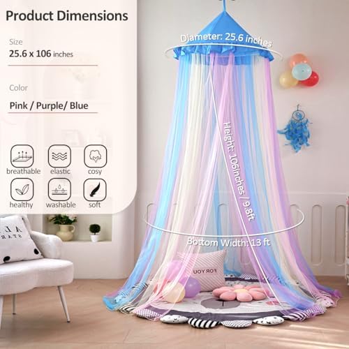 Kertnic Rainbow Bed Canopy for Girls Dreamy Mosquito Net for Bed Round Dome Princess Bed Canopy Girl Room Play Tent Canopy Bed Netting Curtains (Single Layer- Blue)