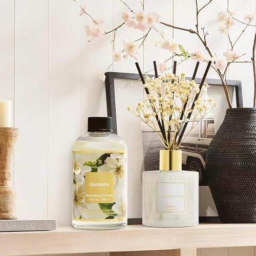 Cocorrína Reed Diffuser Refill Gardenia 17oz (500ml) with 8 Sticks - Premium Long-Lasting Scented Oil, Home Fragrance for Bedroom, Bathroom Home Decor