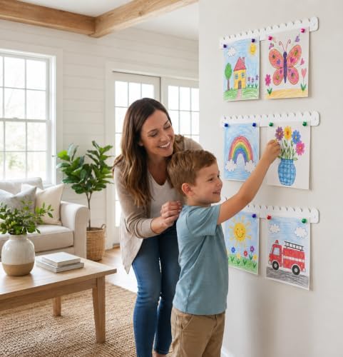 Scalloped Magnetic Art Display for Kids Artwork & Photos (Set of 3) – Kids Artwork Display for Wall – Magnetic Photo Display Strips with Push-Pin Magnets (White, 23in (3 Pack))