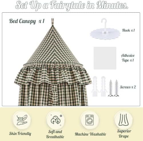 SmoothNovelty Gingham Plaid Bed Canopy, Green Yellow, Round
