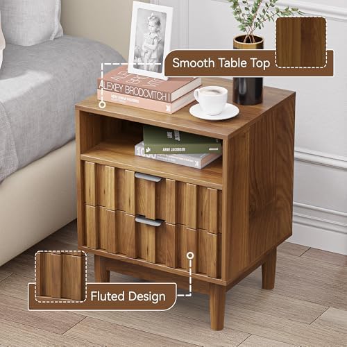 Fluted Nightstand Set of 2,Night Stand,Bedside Table,Walnut