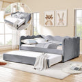 Full Size Daybed with Pop Up Trundle, Linen Gingham Full to King Daybed with USB Ports, Upholstered Day Bed Frame, Modern Sofa Bed for Bedroom/Living Room/Guest Room, No Box Spring Needed, Navy