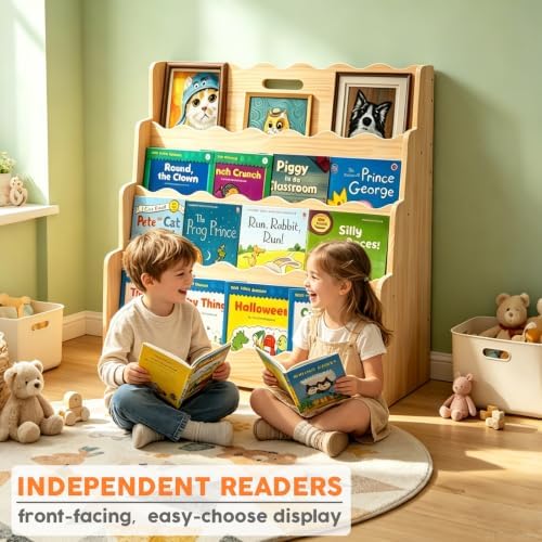 LINMAGCO Scalloped Kids Bookshelf, 4-Tier Montessori Toddler Bookcase, Front-Facing Book Organizer with Handle, Solid Pine Wood, Nursery Book Shelves for Bedroom Playroom Classroom & Reading Corner