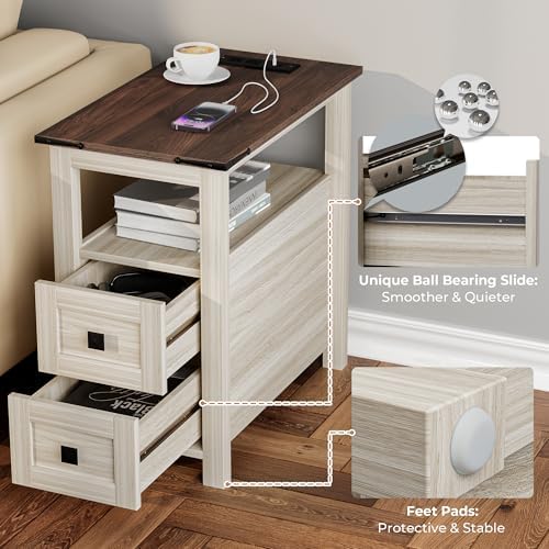 VVFLU Farmhouse End Table with Charging Station and 2 Drawers,Grey Wood Nightstand Narrow, Skinny Side Table Rustic, Slim Bedside Table, Open Shelf, Small for Bedroom, Living Room, Sofa