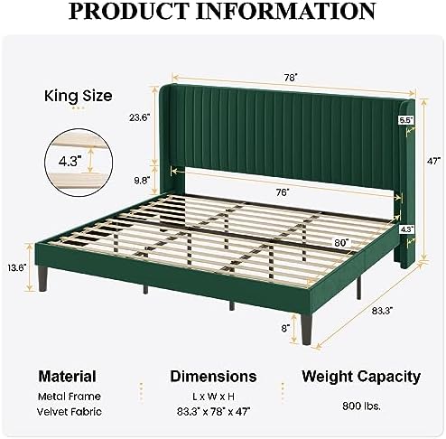 SHA CERLIN King Size Velvet Bed Frame, Tufted Wingback Headboard, Green