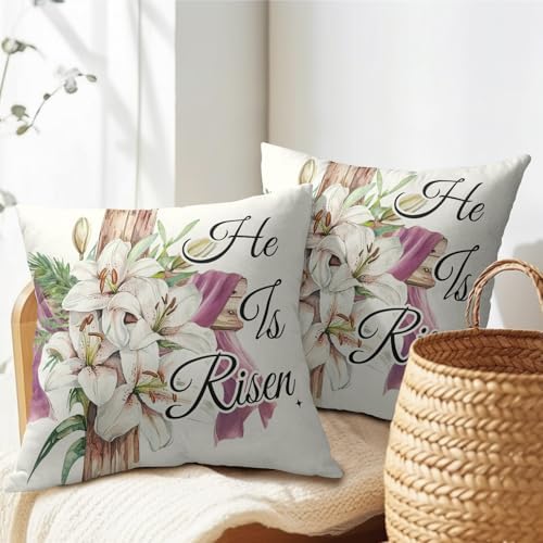 Easter Throw Pillow Covers 20x20 Inch Set of 2 He is Risen Cushion Case Spring Lily Flower Cotton Linen Square Pillowcases Happy Easter Pillows Protector for Home Sofa Party Couch Bed