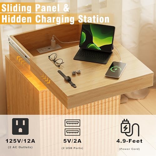 Fluted Nightstand with Charging Station and LED Light, Bedside Table with Sliding Top, USB Ports and AC Outlets, 3 Drawer Storage Cabinet, Modern End Table for Bedroom, Natural Oak
