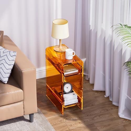 Clear Acrylic Side Table, Narrow Nightstand Bedside Table for Bedroom, Skinny Small End Table (Orange, 11.8'' x 15.7'' x 21.7")