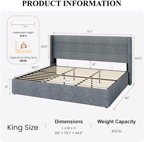 SHA CERLIN King Size Lift Up Hydraulic Storage Bed Frame Blue Grey