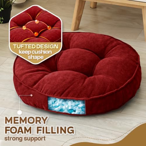 MIDDLE ONE Floor Pillow Set of 2, Memory Foam Cushion 22x22 – Round, Red