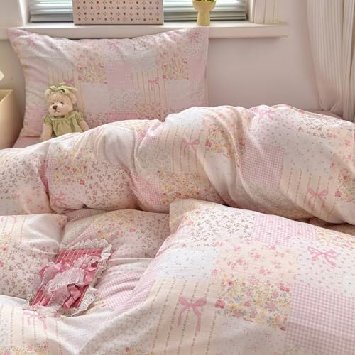 Pink Duvet Cover Full Size 100% Cotton Muslin Cute Patchwork Bedding Set for Teen Girls Women,Soft Comfy Double Gauze Bedding Quilt Covers,3 Pieces(1 Duvet Cover with 2 Pillowcases)