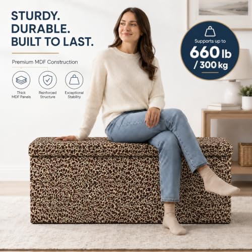 ALASDO 43 Inch Folding Storage Ottoman Bench with Hidden Storage, PU Leather Ottoman Foot Rest Stool, End of Bed Bench for Bedroom, Living Room, Entryway and Closet, Leopard Print