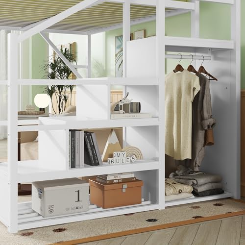Full Size Metal Loft Bed Frame with Convertible Staircase, Built-in Storage Shelves & Wardrobe, Loft Bed with Solid Slats & Guardrail, No Box Spring Required, Easy Assembly, for Bedroom, White