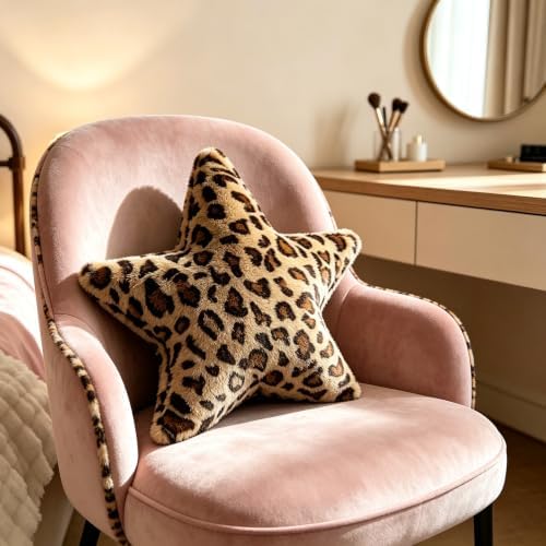 Leopard Print Star Pillow Cheetah Decorative Throw Pillow 15.7 inch Soft Faux Fur Star Shaped Pillow Cushion for Bed, Sofa, Couch, Bedroom & Living Room