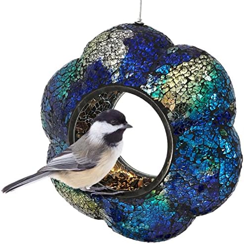 Sunnydaze Mosaic Glass Bird Feeder for Outdoors, Indigo Flower Mosaic