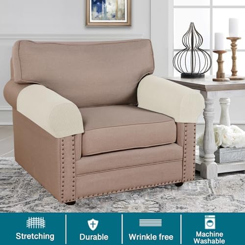 Turquoize Stretch Armrest Covers for Chairs and Sofas Couch Arm Covers for Sofa Spandex Jacquard Armrest Cover Anti-Slip Furniture Protector Armchair Slipcovers for Recliner Set of 2, Cream