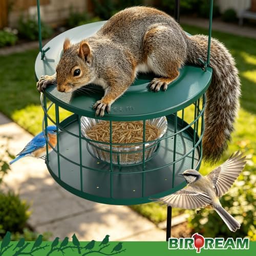 Birdream Metal Cage Bird Feeder for Outdoors Hanging with Glass Bowl, Green