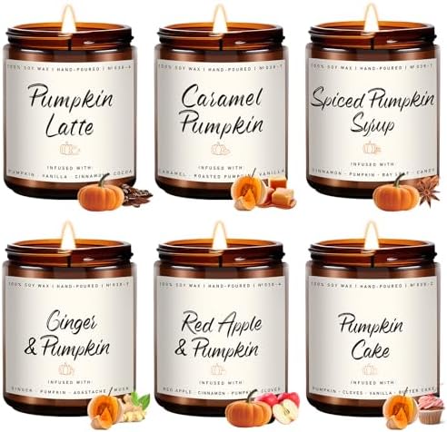 Auelife Scented Candles - Pumpkin Candle Set of 6 | Ginger, Apple, Cake, Caramel, Latte & Spiced Pumpkin Soy Candles | Holiday Candle for Home Décor & Gifts for Women, Cozy Holiday Aromatherapy