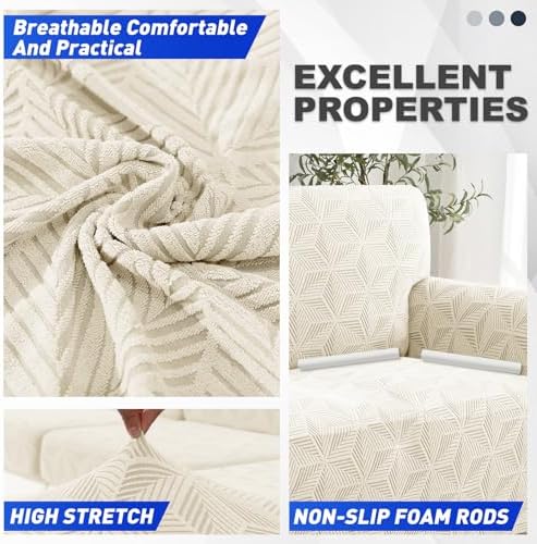 YEMYHOM 1 Piece Stretch Couch Covers for 3 Cushion Couch, Jacquard Sofa Cover with Non-Slip Elastic Bottom, Thickened Slipcover Furniture Protector for Dogs Pets (Large, Beige）