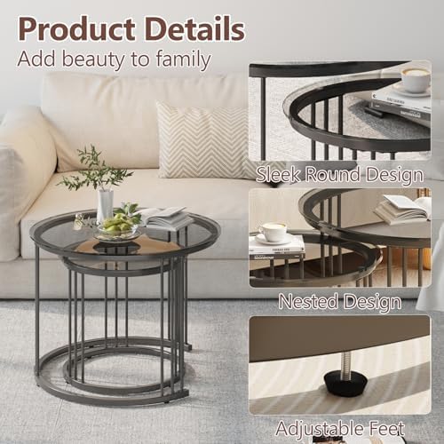 Garden 4 you Nesting Coffee Table, 23.6" Round Coffee Table Set of 2, Glass Nesting Table with Metal Frame, Ceter Tables for Living Room Bedroom Balcony, Grey