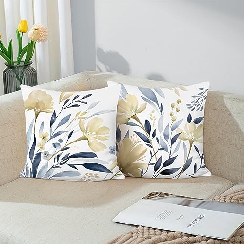 Bonhause Watercolor Floral Throw Pillow Covers 18 x 18 Inch Yellow Blue Flower Decorative Pillow Cases Soft Velvet Cushion Cover for Couch Sofa Bed Home Decor Set of 2
