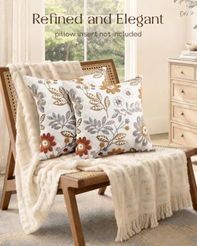 Fall Embroidered Throw Pillow Covers 18x18, Set of 2, Amber Blooms