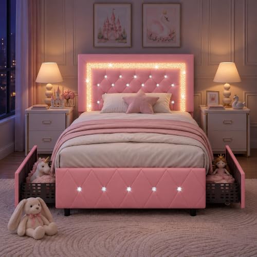 BarnFurin Twin Bed Frame with LED Lights and Diamond Tufted Headboard,Pink