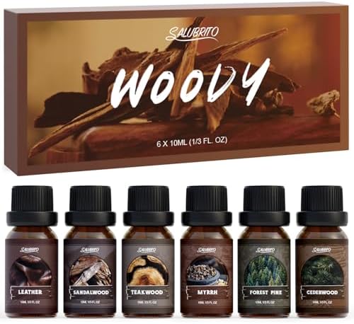 SALUBRITO Woody Fragrance Oils Set, Wood Essential Oil Set for Diffuse, Forest Pine, Sandalwood, Leather, Teakwood, Myrrh, Cedarwood Scented Oil for Candle, Soap Making