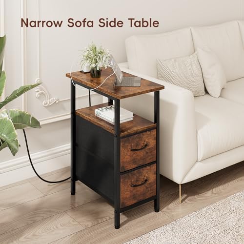 Vagusicc End Table with Charging Station, Narrow Side Table, 23.8'' Tall Nightstand with 2 Fabric Drawers, Small Sofa Side Table Narrow Nightstand for Small Spaces, Bedroom, Bedside, Rustic Brown