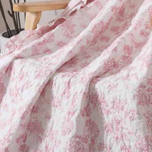 Brandream Pink Toile Quilted Throw Blanket 47" x 60" Cozy Cotton Decorative Blanket French Country Cottage Floral Quilt Throw for Bed Couch Sofa Daybed All-Season Coverlet