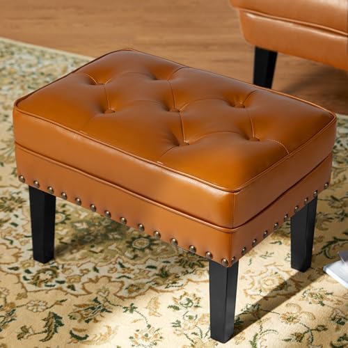 Glitzhome Mid-Century Faux Leather Ottoman, Modern Accent Stool PU Leather Foot Stool, Vanity Stool Ottoman Foot Rest Make Up Stool for Living Room, Cognac