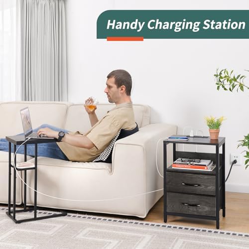 Yoobure Nightstand with Charging Station, Small Night Stand with Fabric Drawers and Storage Shelf for Bedrooms, Nightstands for Small Spaces, Bedside Table with USB Ports & Outlets, Bed Side Table