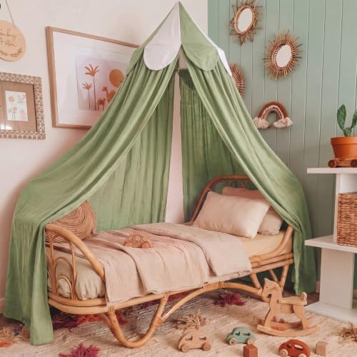 Bed Canopy with Scalloped Edge, 2 Panel Striped, Green