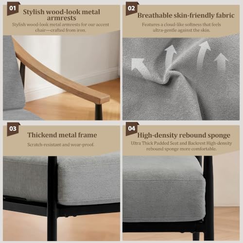 RNKSFX Modern Accent Chairs Set of 2 for Living Room Bedroom Mid Century Arm Chairs Upholstered Office Accent Chairs Comfy Waiting Room Chairs with Metal Frame, Grey