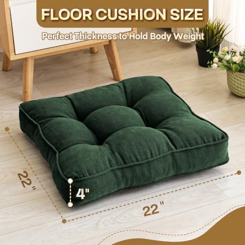 MIDDLE ONE Floor Pillow Set of 2, Memory Foam Cushion 22x22 – Square, Dark Green