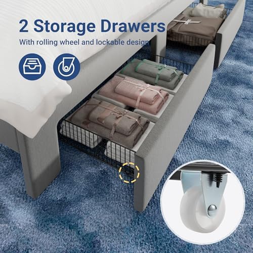 Allewie Queen Bed Frame with 2-Tier Storage Headboard & 2 Large Drawers