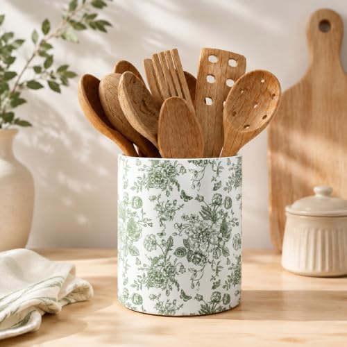 JarThenaAMCS Green Chinoiserie Floral Ceramic Utensil Holder Vintage Flower Butterfly Utensil Crock for Home Kitchen Countertop Storage Organizer Container