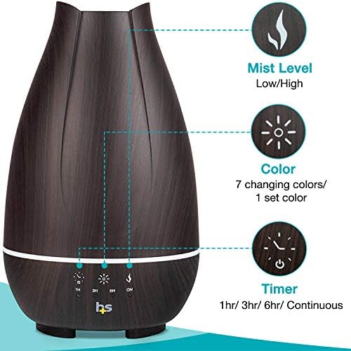 HealthSmart Essential Oil Diffuser, Cool Mist Humidifier and Aromatherapy Diffuser with 500ML Tank Ideal for Large Rooms, Adjustable Timer, Mist Mode and 7 LED Light Colors, Brown (Pack of 2)