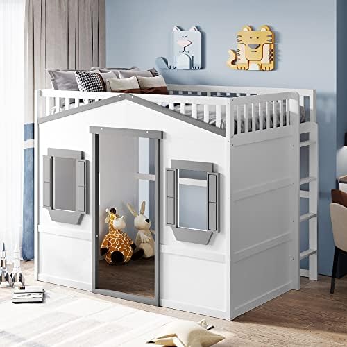 Merax Full Size Loft Bed with Wardrobe, Space-Saving House Bed Frame with Safety Guard & Ladder for Small Bedroom, White+Gray